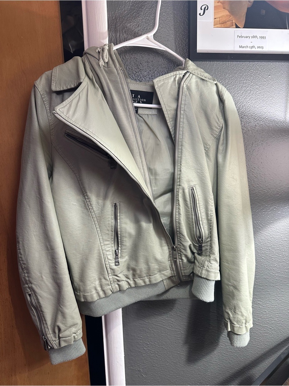 a new day Sage Green Faux Leather Bomber Jacket with Hooded Insert